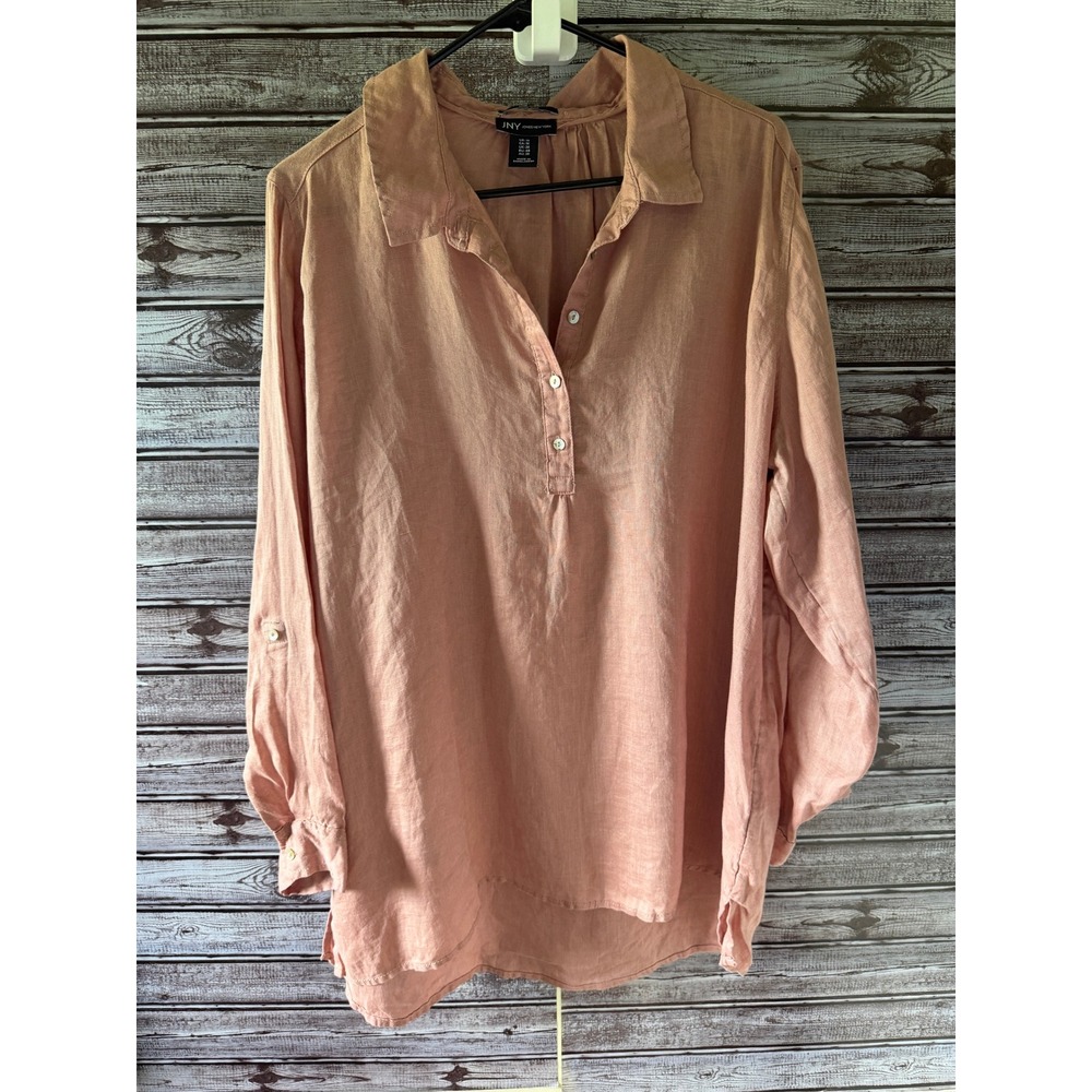 Jones New York JNY Womens 1X Linen Henley Tunic Shirt Roll Tab Pink Dusty Rose